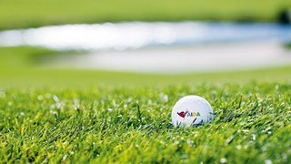 Ein Golfball liegt auf einem Golfplatz im Gras