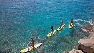 Vier Personen beim Stand up Paddling entlang der Küste